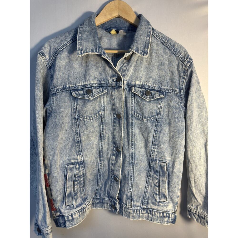 Divided H&M Denim Jacket US Flag Back Print‎ Cotton Size 2 Americana Patriotic - Picture 2 of 7